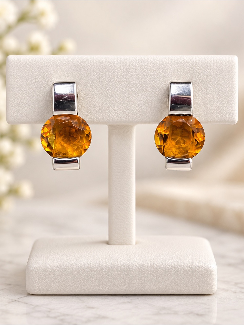 14K WHITE GOLD CITRINE EARRINGS TENSION STYLE SETTING MINIMALIST FINE JEWELRY